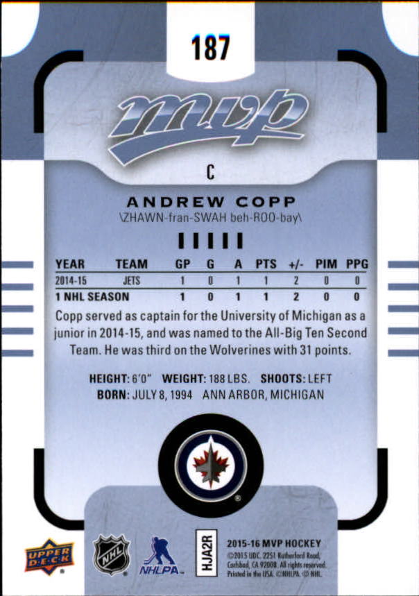 2015-16 Upper Deck MVP #187 Andrew Copp SP RC back image