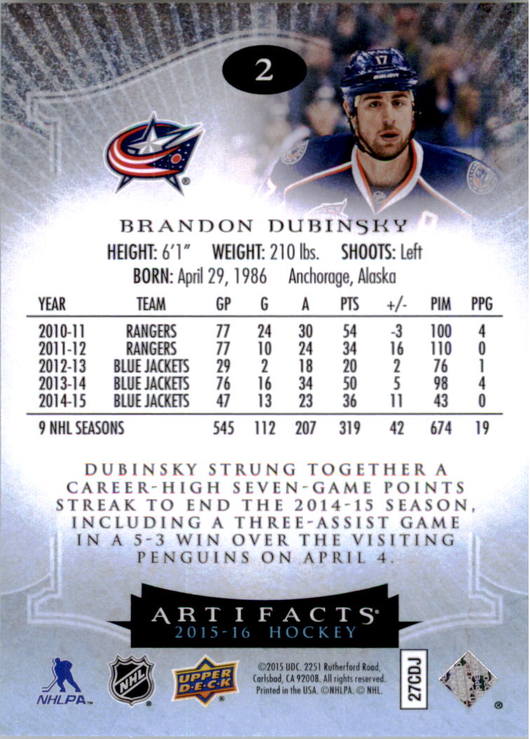 2015-16 Artifacts #2 Brandon Dubinsky back image