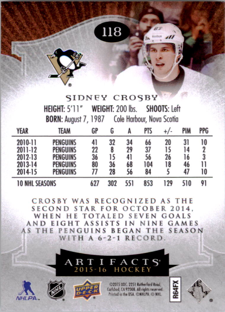 2015-16 Artifacts Ruby #118 Sidney Crosby S back image