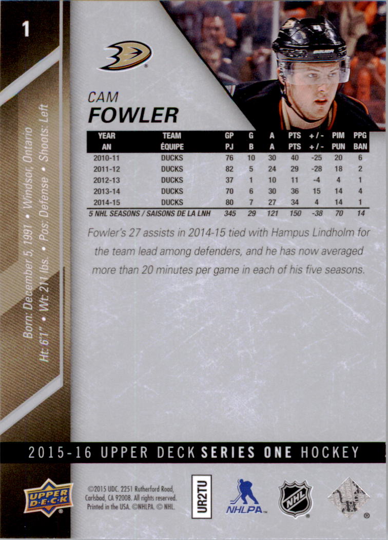 2015-16 Upper Deck #1 Cam Fowler back image