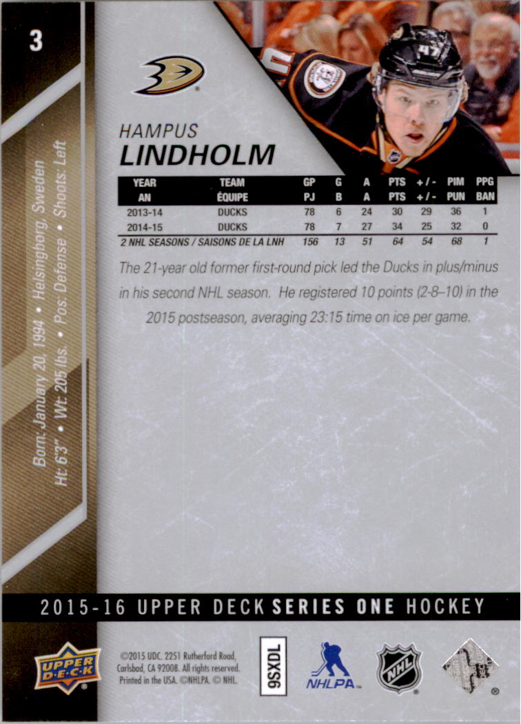 2015-16 Upper Deck #3 Hampus Lindholm back image