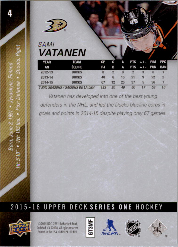 2015-16 Upper Deck #4 Sami Vatanen back image