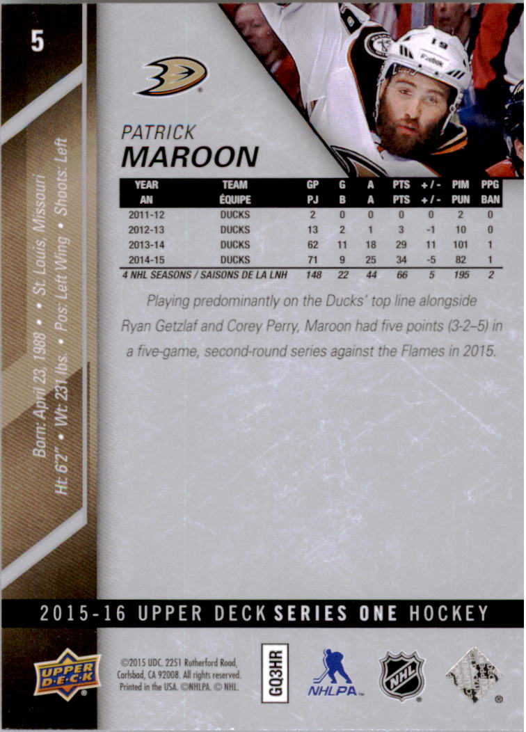 2015-16 Upper Deck #5 Pat Maroon back image