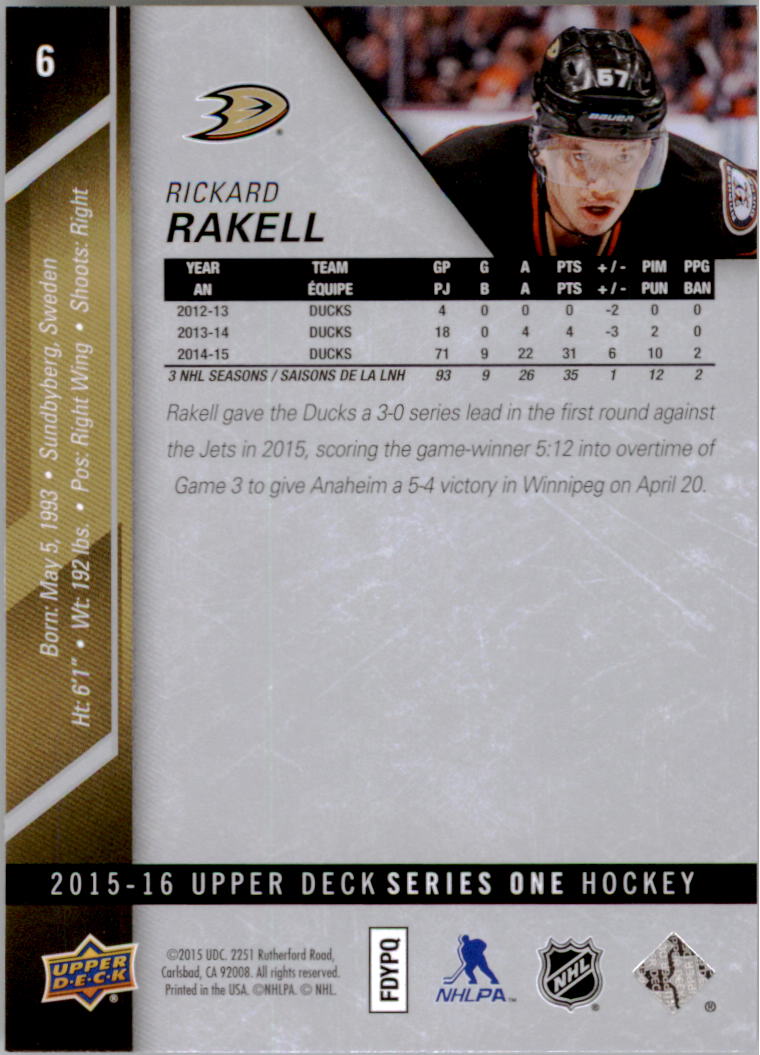 2015-16 Upper Deck #6 Rickard Rakell back image