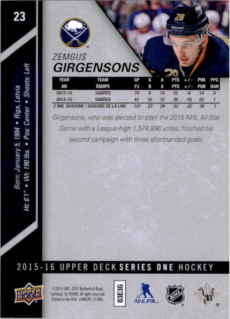 2015-16 Upper Deck #23 Zemgus Girgensons back image