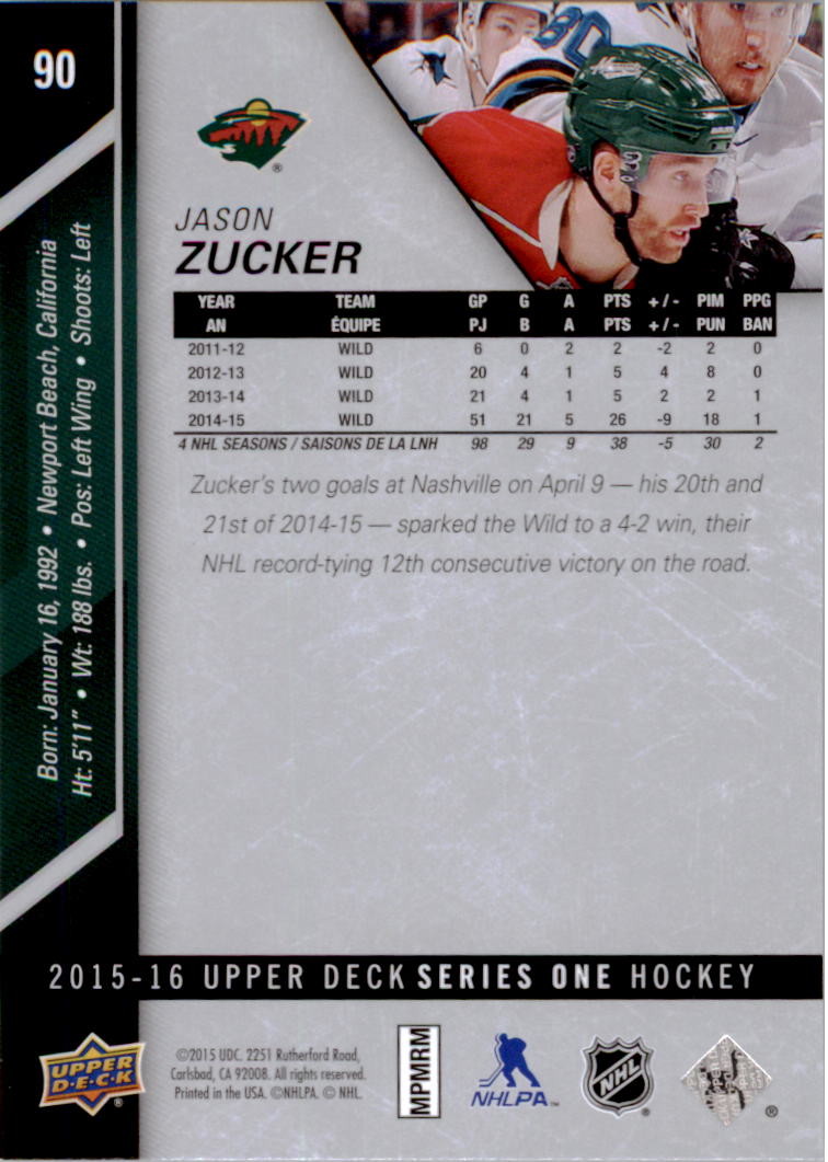 2015-16 Upper Deck #90 Jason Zucker back image