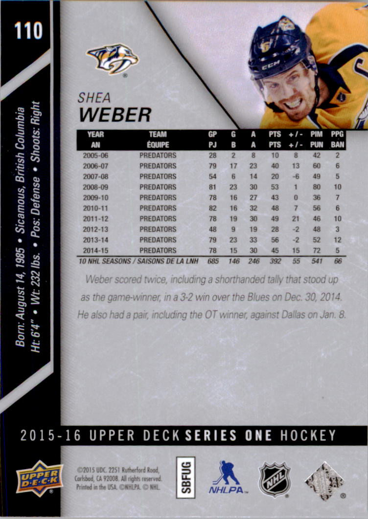 2015-16 Upper Deck #110 Shea Weber back image