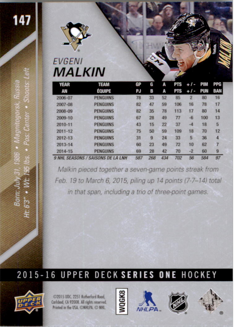 2015-16 Upper Deck #147 Evgeni Malkin back image