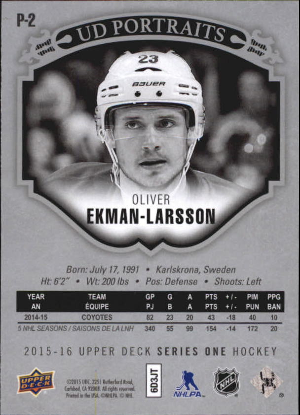 2015-16 Upper Deck UD Portraits #P2 Oliver Ekman-Larsson back image