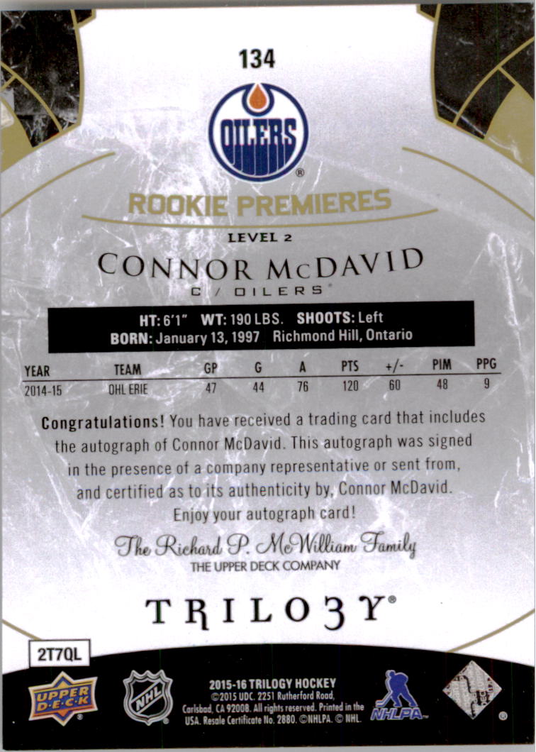 2015-16 Upper Deck Trilogy #134 Connor McDavid AU/499 back image
