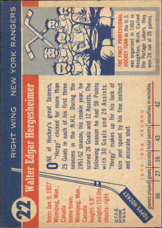 1954-55 Topps #22 Wally Hergesheimer back image