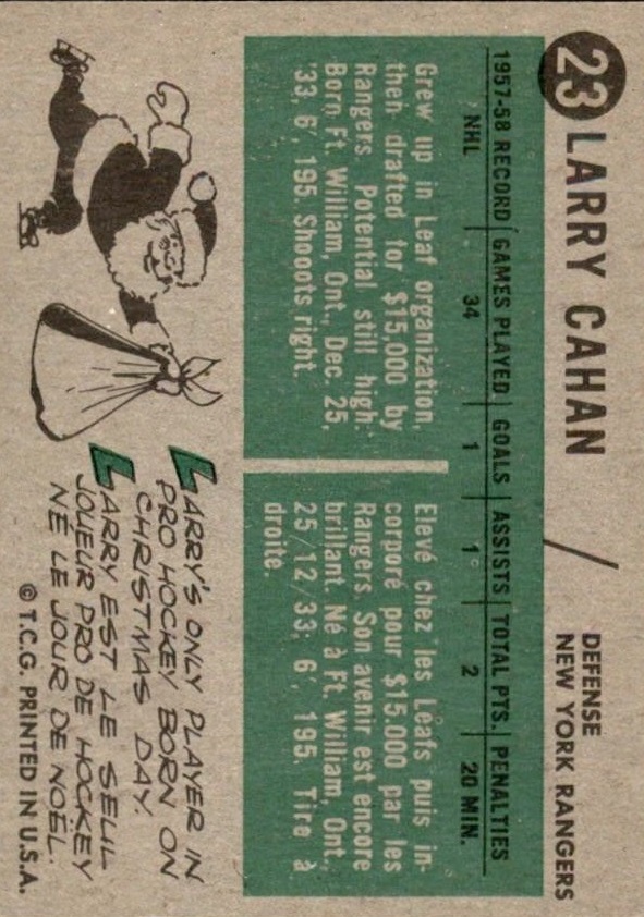 1958-59 Topps #23 Larry Cahan back image