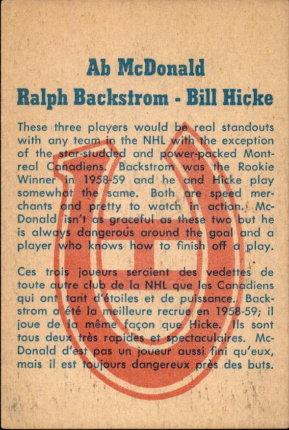 1960-61 Parkhurst #56 Bill Hicke/Ab McDonald/Ralph Backstrom back image
