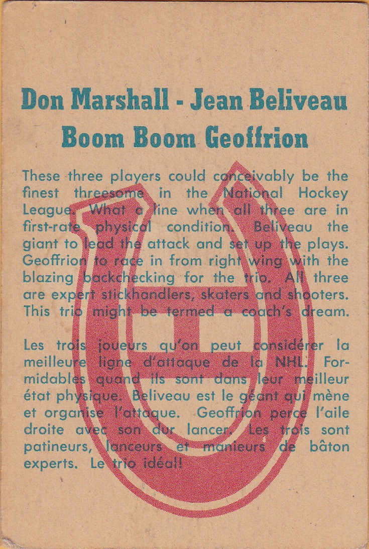 1960-61 Parkhurst #59 Boom Boom Geoffrion/Don Marshall/Jean Beliveau back image