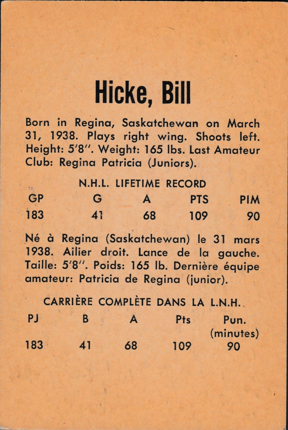 1962-63 Parkhurst #40 Bill Hicke back image