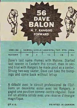 1962-63 Topps #56 Dave Balon RC back image