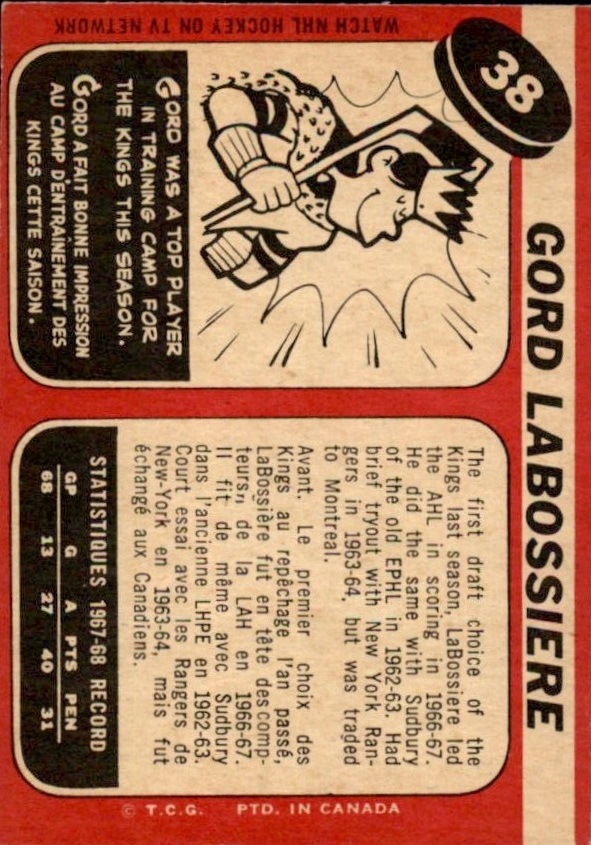 1968-69 Topps #38 Gord Labossiere back image
