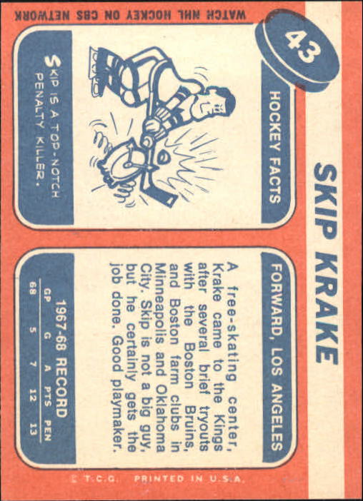 1968-69 Topps #43 Skip Krake UER/(Photo actually/Don Awrey) back image