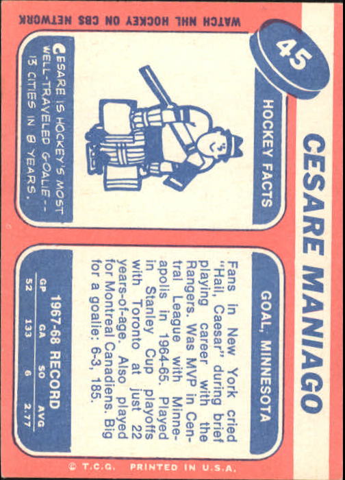 1968-69 Topps #45 Cesare Maniago back image
