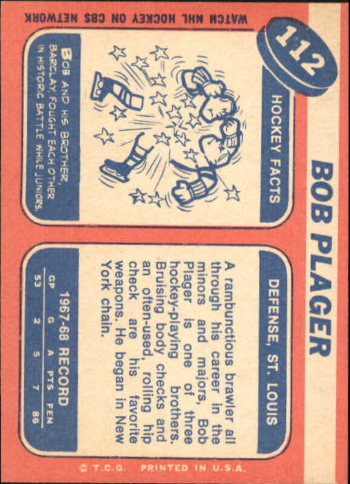 1968-69 Topps #112 Bob Plager RC back image