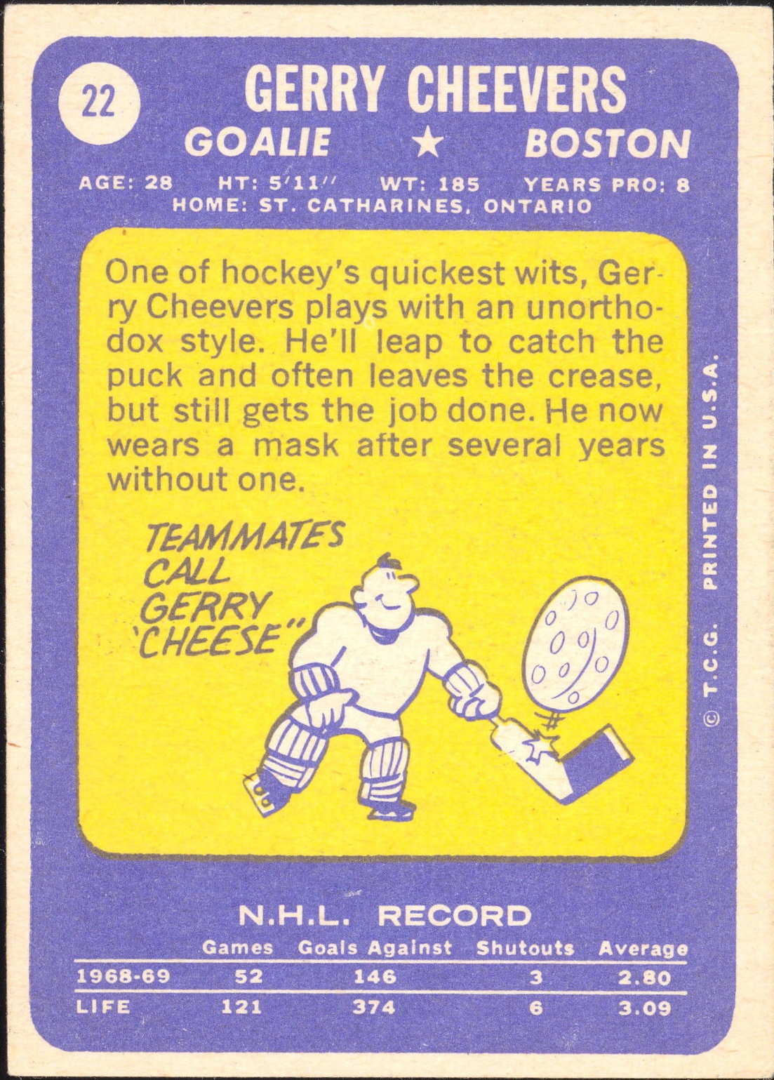1969-70 Topps #22 Gerry Cheevers back image