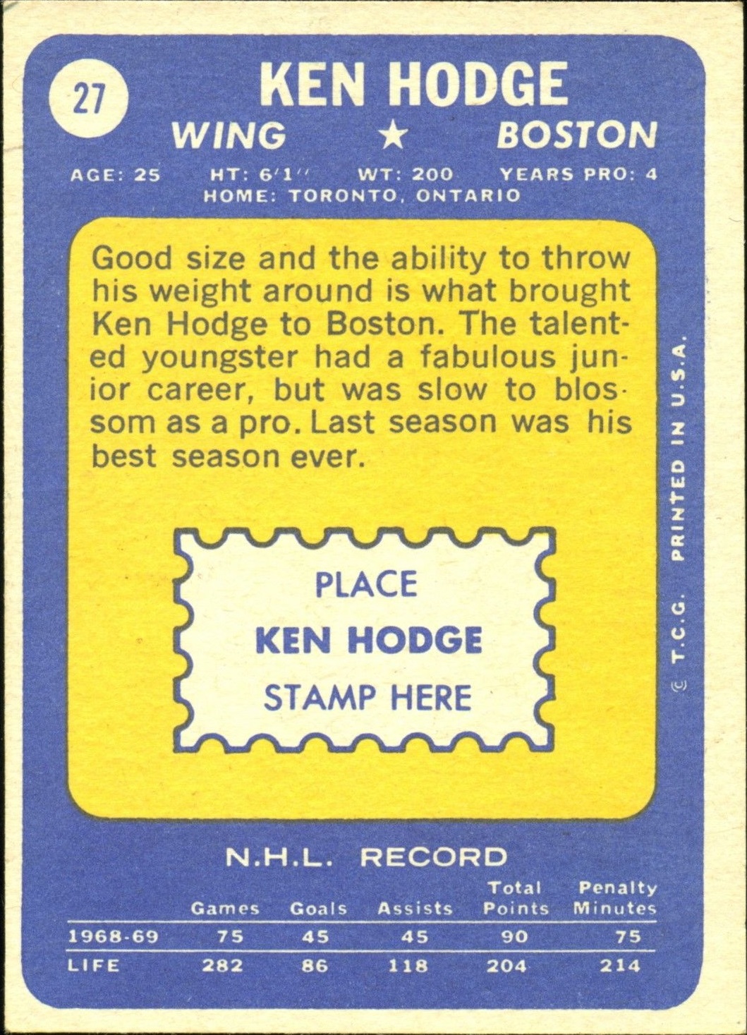1969-70 Topps #27 Ken Hodge back image