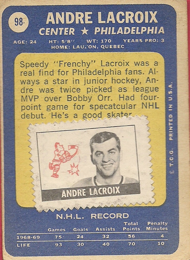 1969-70 Topps #98 Andre Lacroix back image