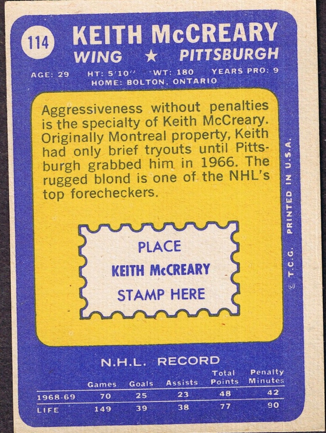 1969-70 Topps #114 Keith McCreary back image