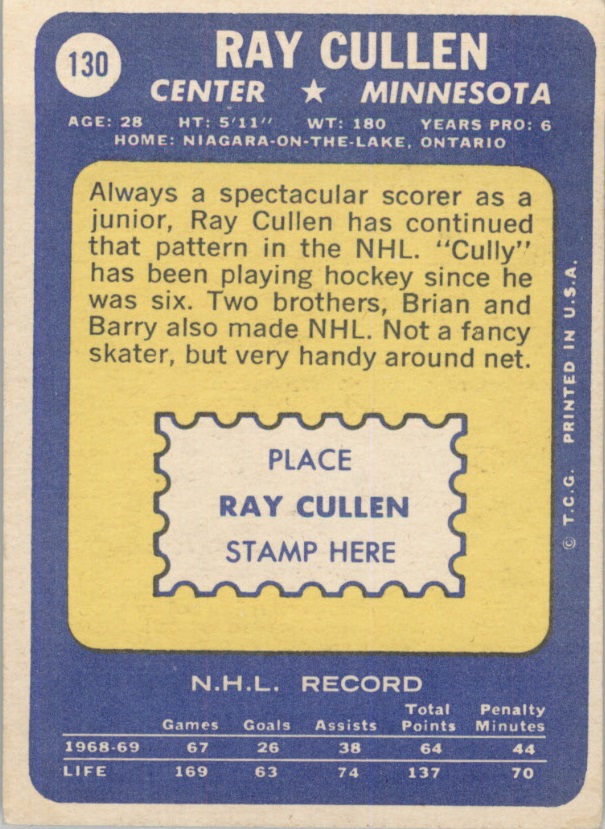 1969-70 Topps #130 Ray Cullen back image