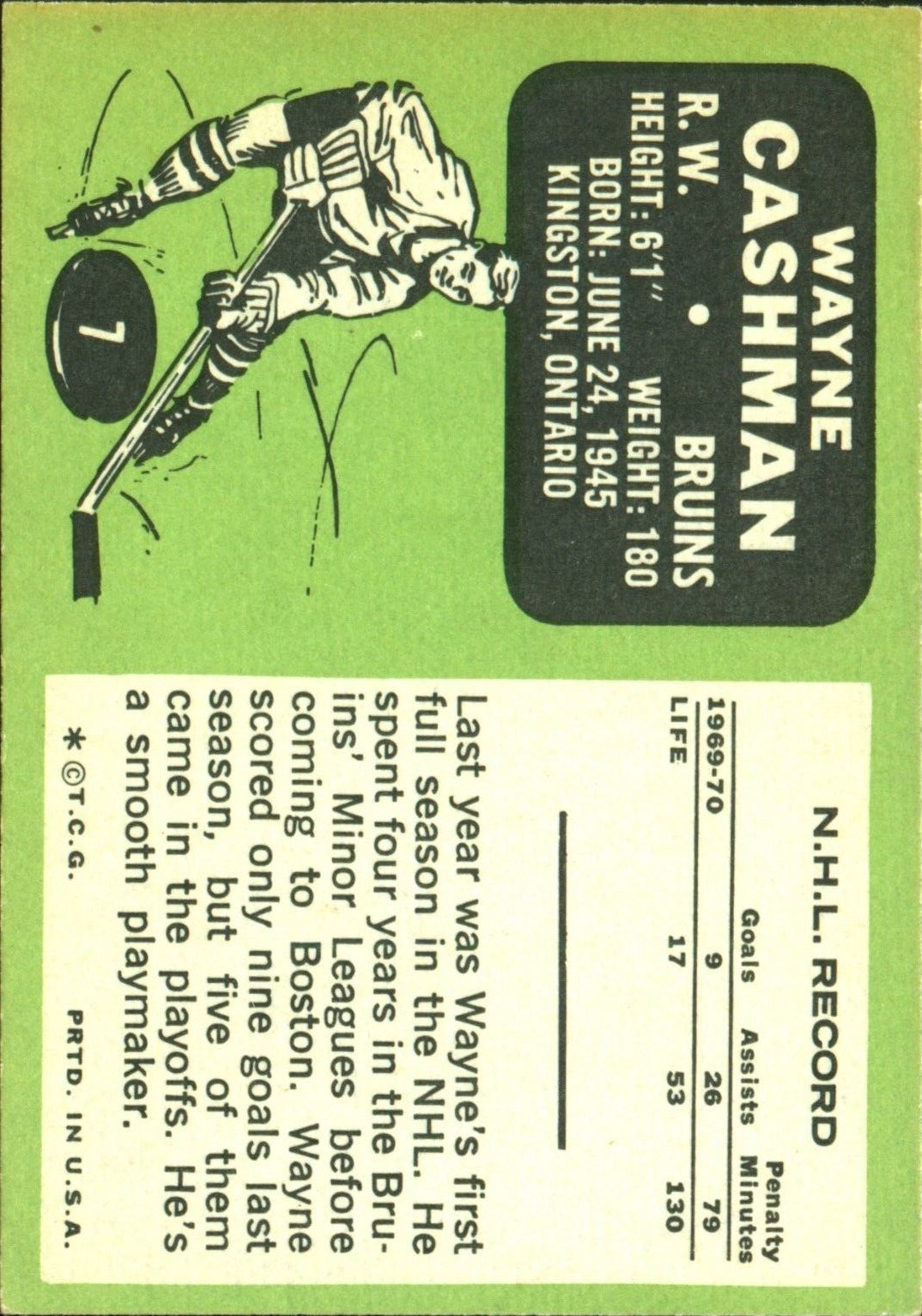 1970-71 Topps #7 Wayne Cashman RC back image