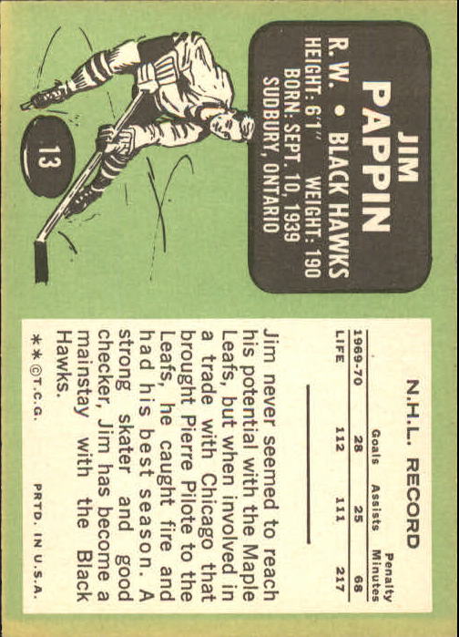 1970-71 Topps #13 Jim Pappin back image