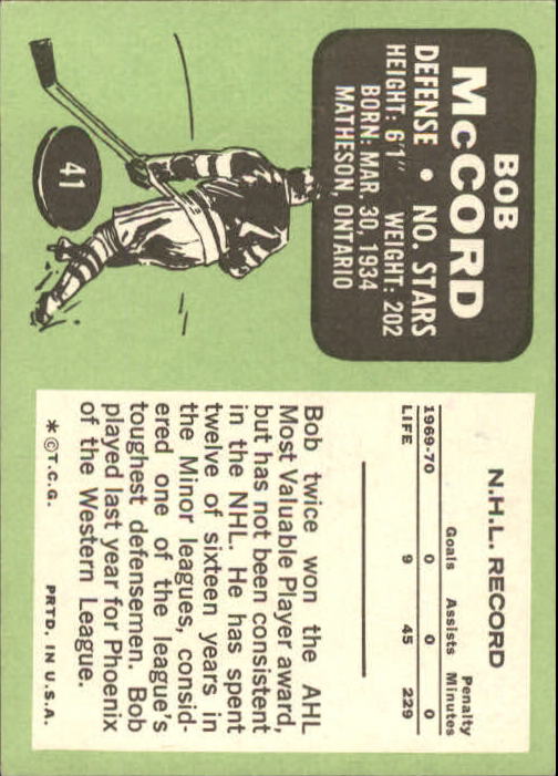 1970-71 Topps #41 Bob McCord back image