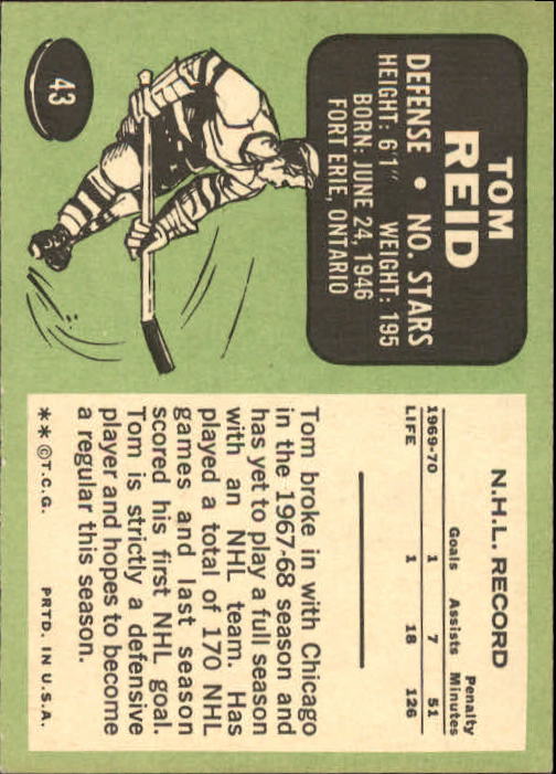 1970-71 Topps #43 Tom Reid RC back image