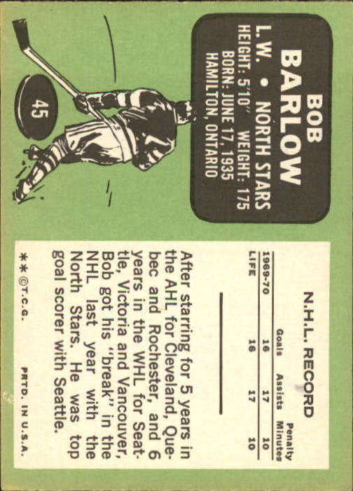 1970-71 Topps #45 Bob Barlow back image
