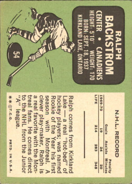 1970-71 Topps #54 Ralph Backstrom back image