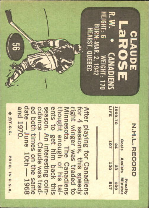 1970-71 Topps #56 Claude Larose UER/(Misspelled LaRose) back image