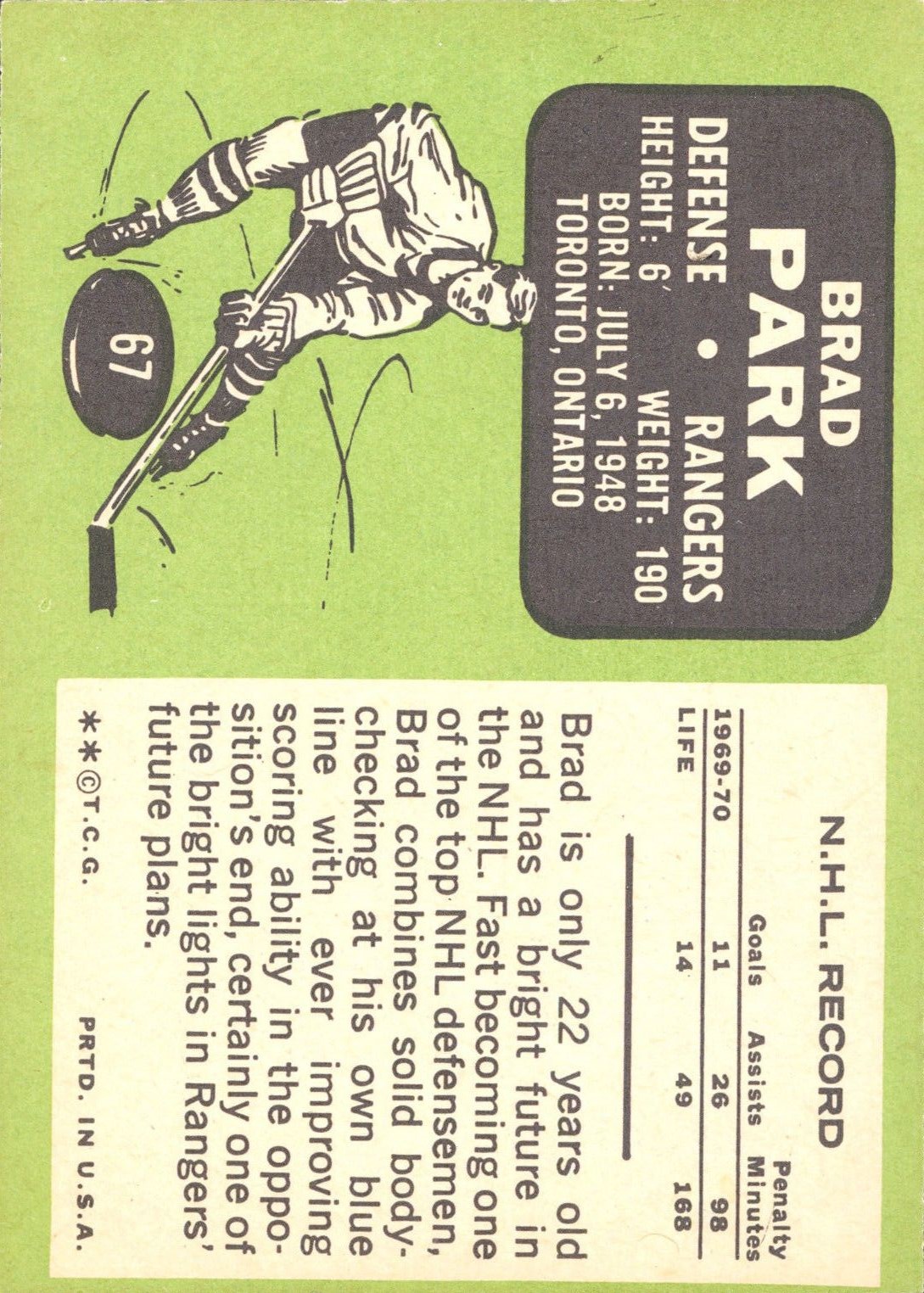 1970-71 Topps #67 Brad Park RC back image