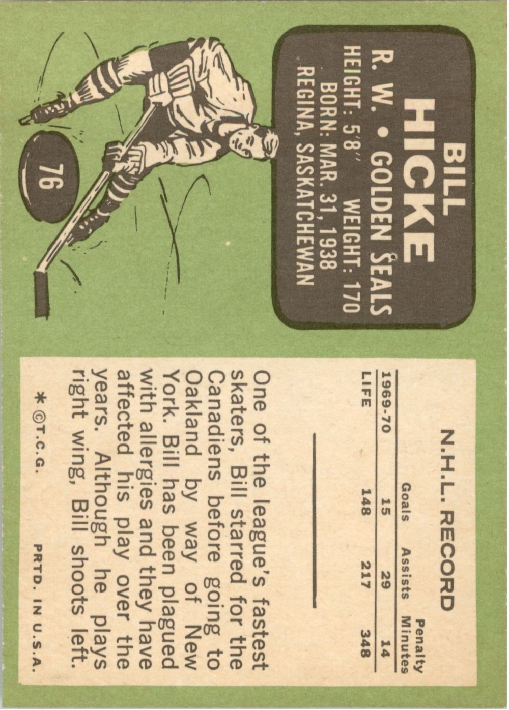 1970-71 Topps #76 Bill Hicke back image