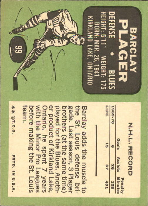 1970-71 Topps #99 Barclay Plager back image