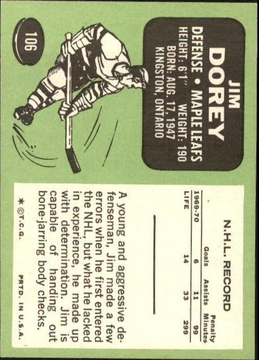 1970-71 Topps #106 Jim Dorey back image