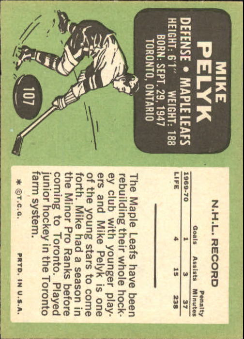 1970-71 Topps #107 Mike Pelyk RC back image