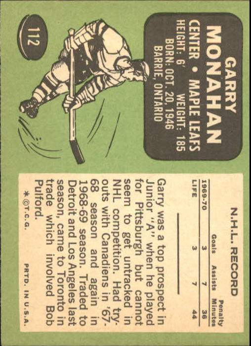 1970-71 Topps #112 Garry Monahan back image
