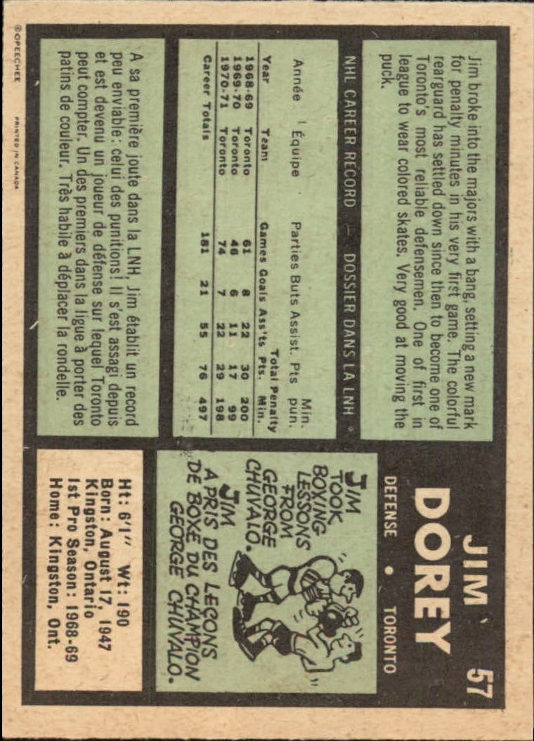 1971-72 O-Pee-Chee #57 Jim Dorey back image