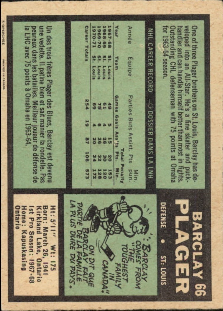 1971-72 O-Pee-Chee #66 Barclay Plager back image