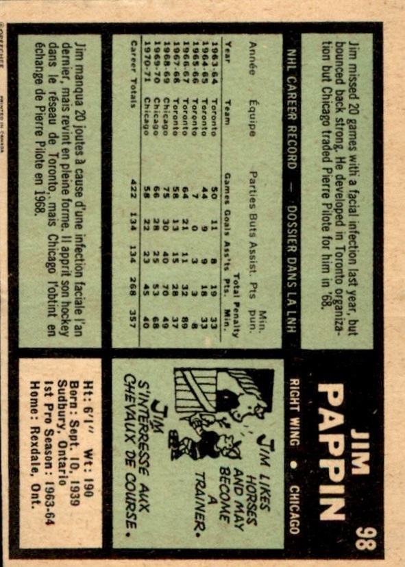1971-72 O-Pee-Chee #98 Jim Pappin back image