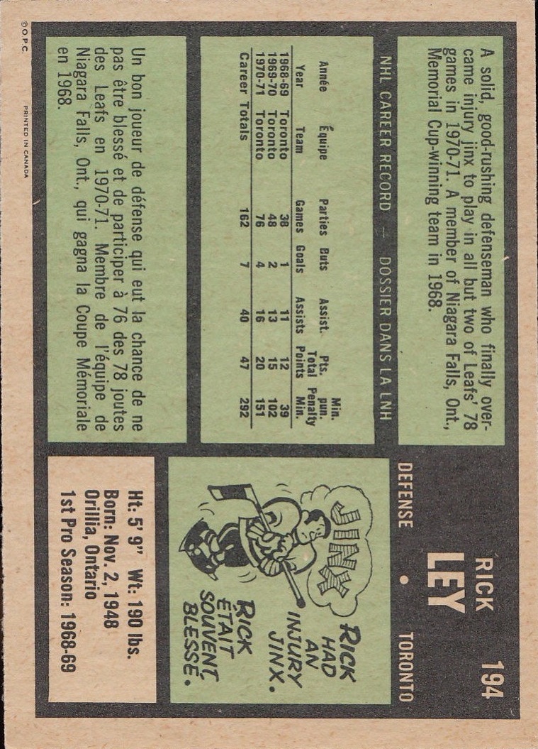 1971-72 O-Pee-Chee #194 Rick Ley back image