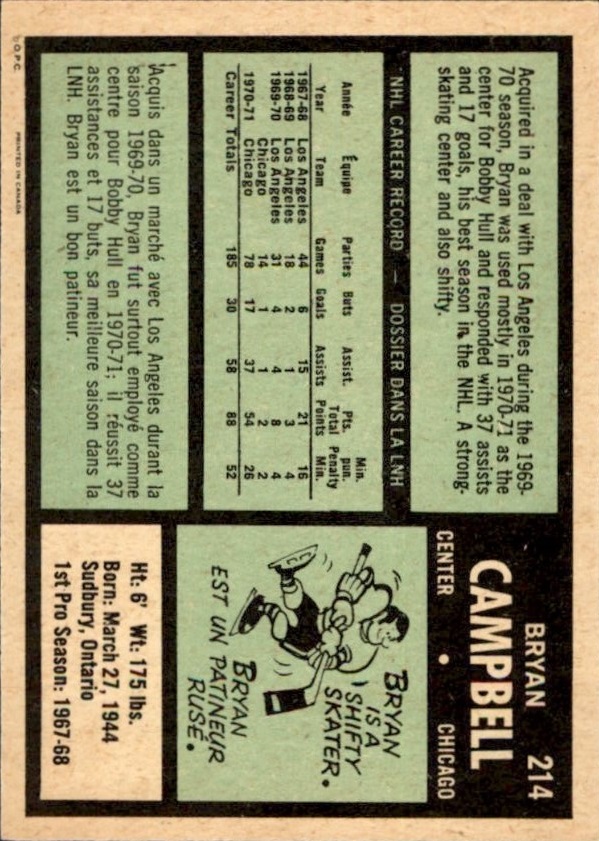 1971-72 O-Pee-Chee #214 Bryan Campbell back image