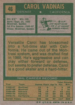 1971-72 Topps #46 Carol Vadnais back image