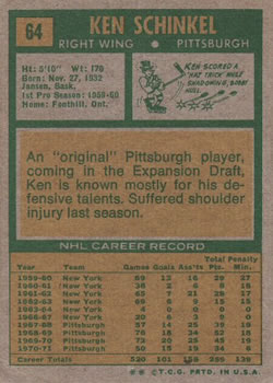 1971-72 Topps #64 Ken Schinkel back image