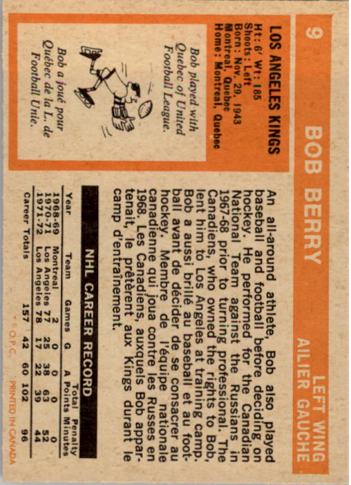 1972-73 O-Pee-Chee #9 Bob Berry back image